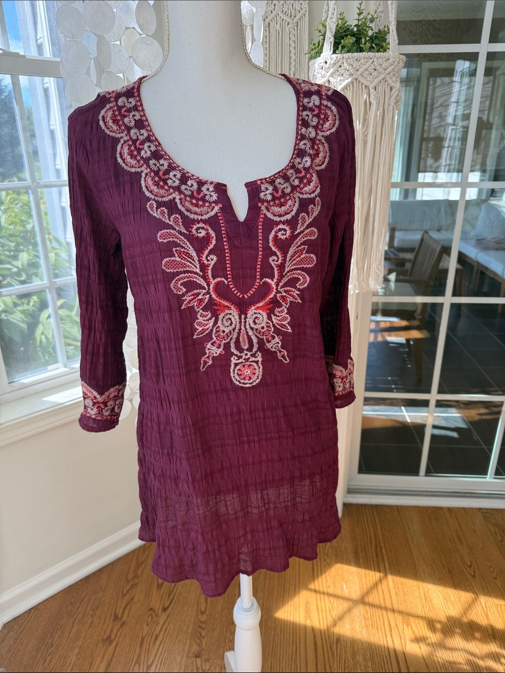 Embroidered 100% Cotton V-Neck Tunic Top - Plum